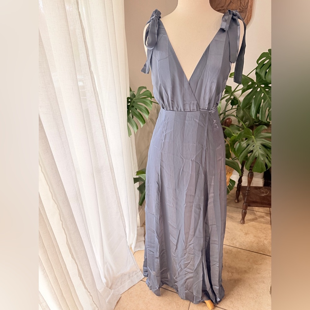 NWT Forever 21 Contemporary Slate Blue Satin Wrap Maxi Dress